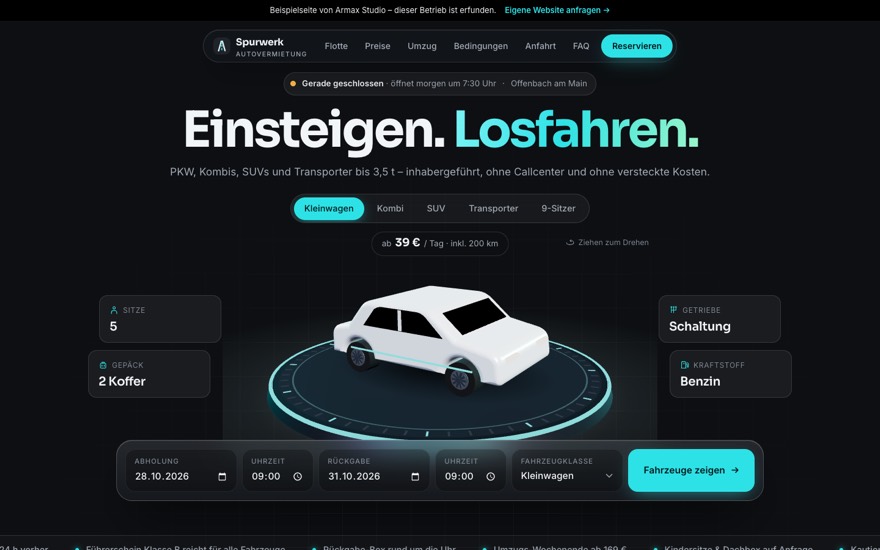 Startseite der Beispielseite Autovermietung Spurwerk