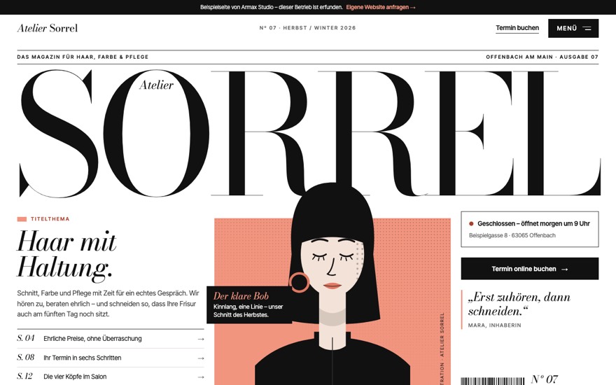Startseite der Beispielseite Friseursalon Atelier Sorrel