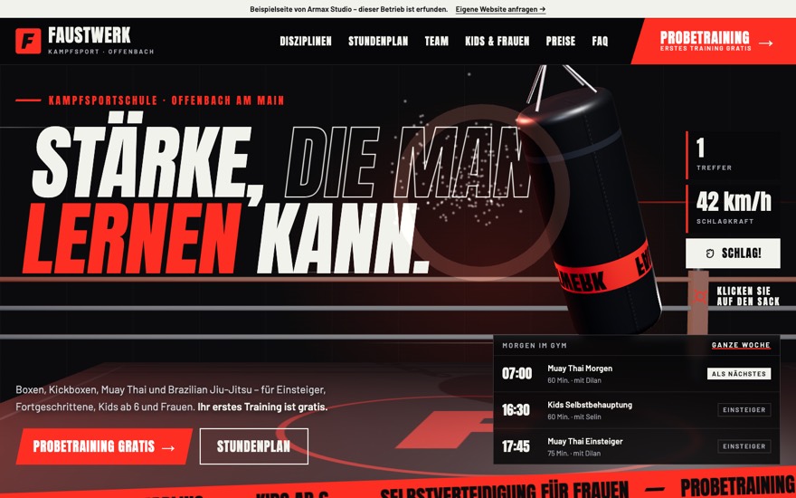 Startseite der Beispielseite Kampfsport-Gym Faustwerk
