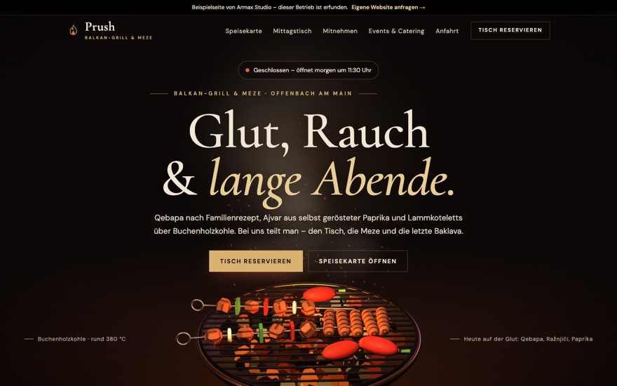 Startseite der Beispielseite Restaurant Prush